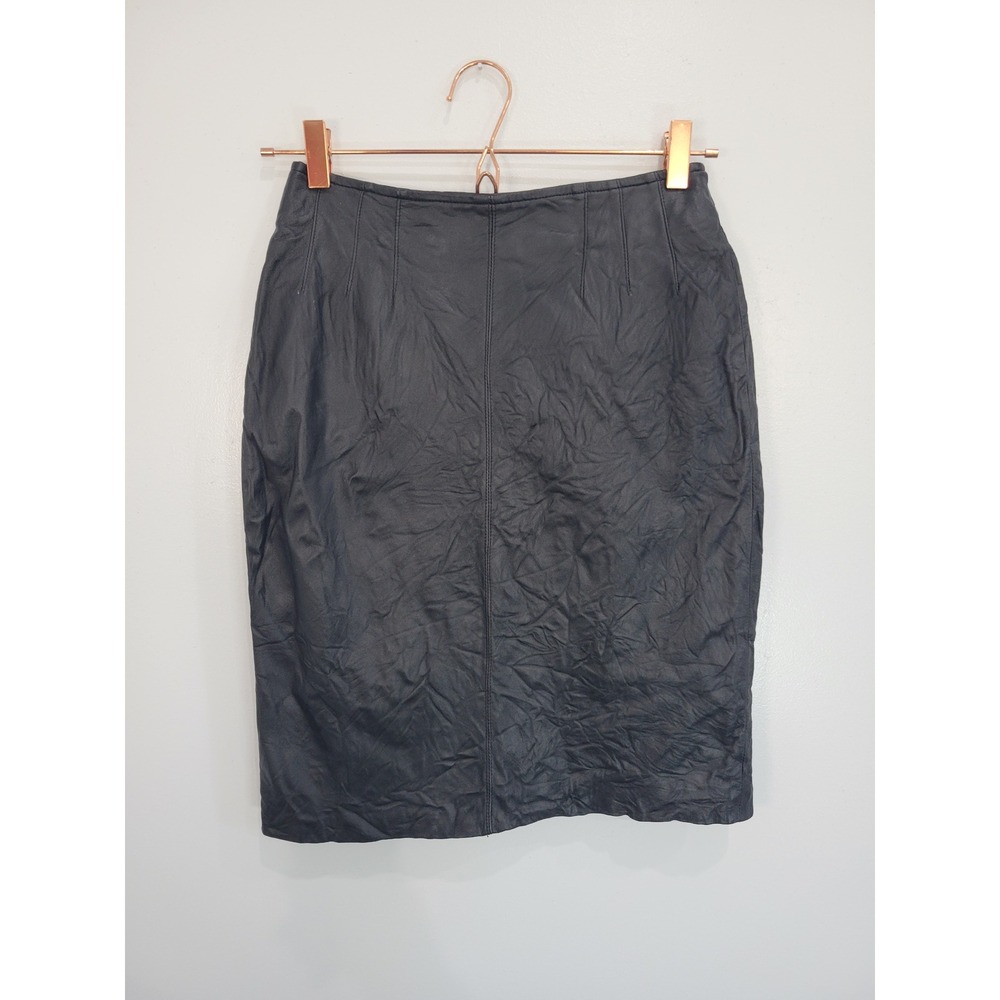 MAXIMA Black Leather Pencil Skirt Knee Length Back Zip Slit Size 10